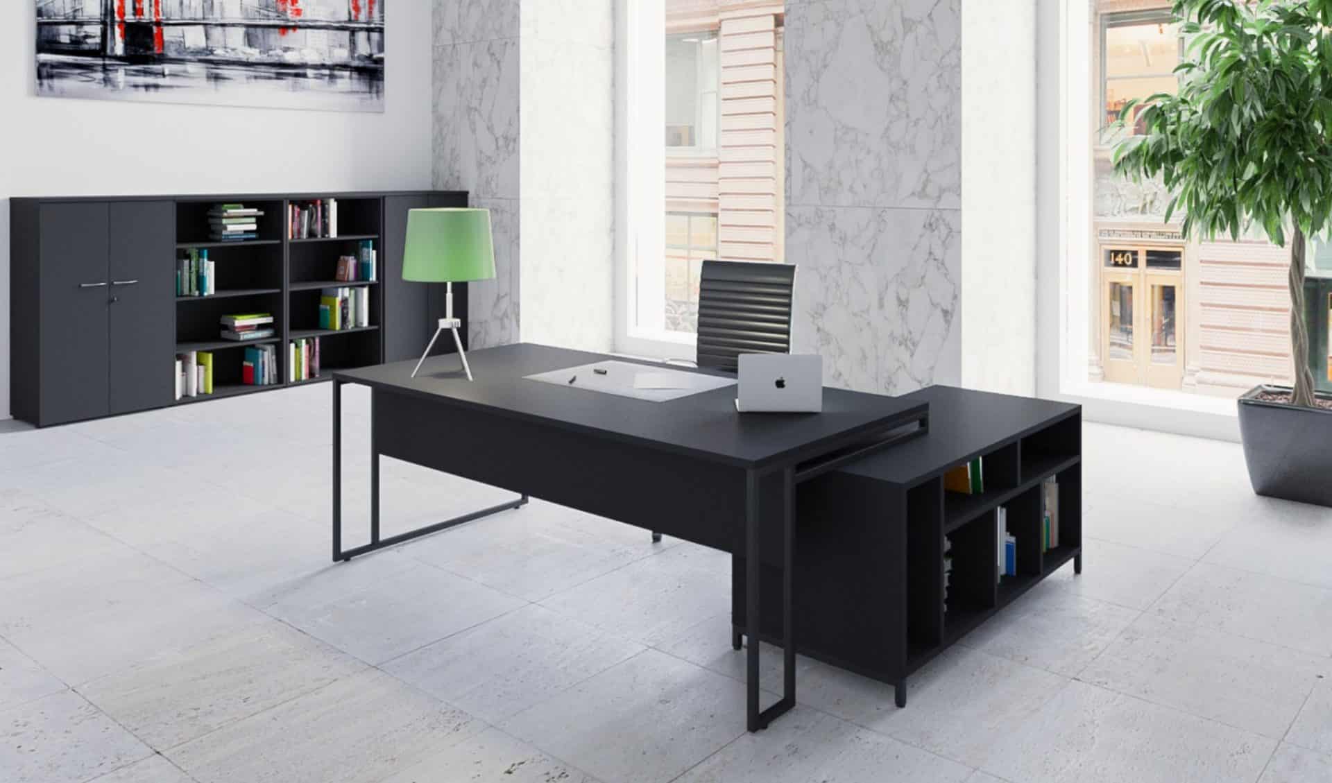 bureau d’angle noir avec rangements stricto sensus