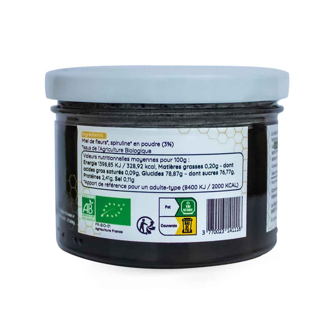 Informations nutritionnelles et liste des ingrédients du miel de fleurs et spiruline bio 250g.