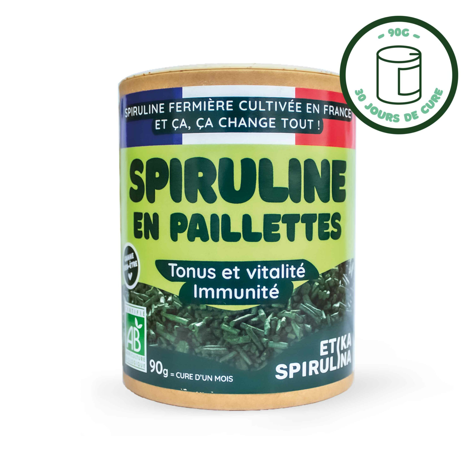 Packaging de spiruline en paillettes 90g : design élégant et pratique