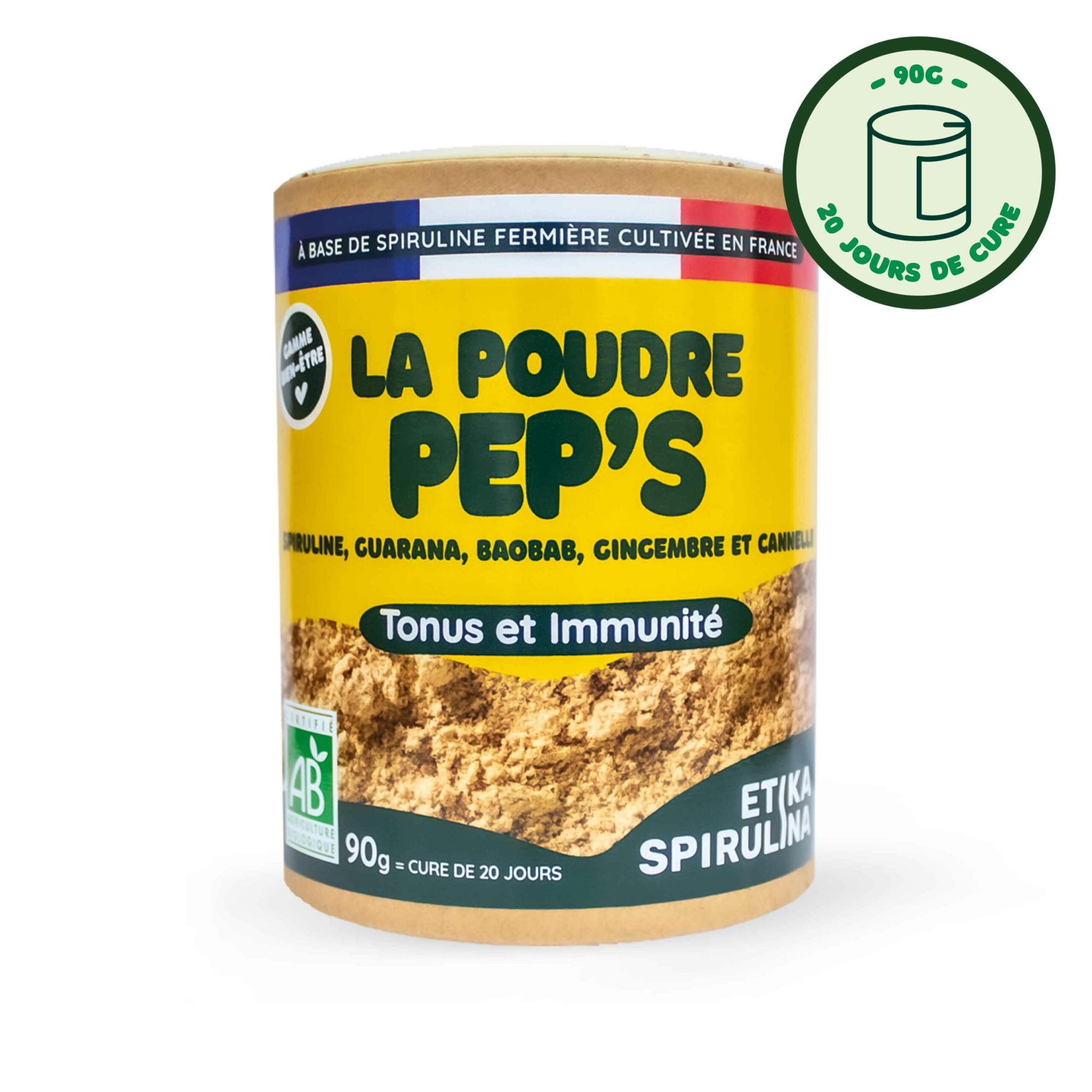La poudre pep's : un mélange de poudre tonus de spiruline bio, guarana, baobab, gingembre et cannelle