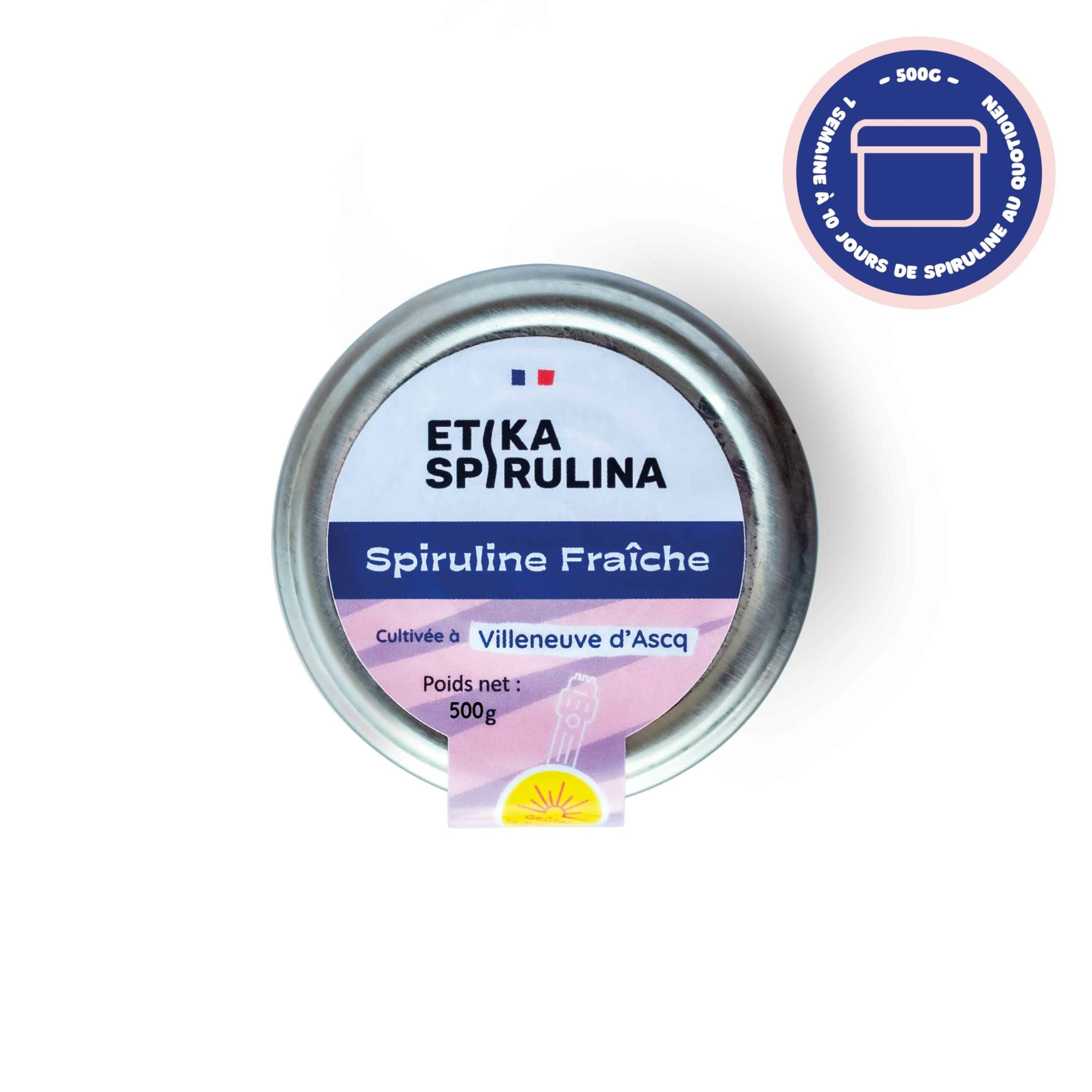 Vue du haut de la boîte de spiruline fraîche 500g, idéale pour une consommation prolongée.